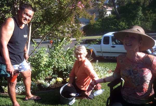 joni and francie and ken gardening at their home