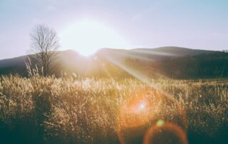 The sun shining over hills and a prarie