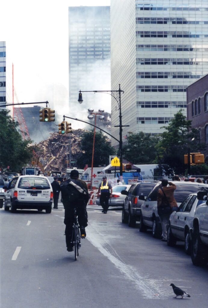 A view from down the street of the rubble caused by the 9/11 attacks.