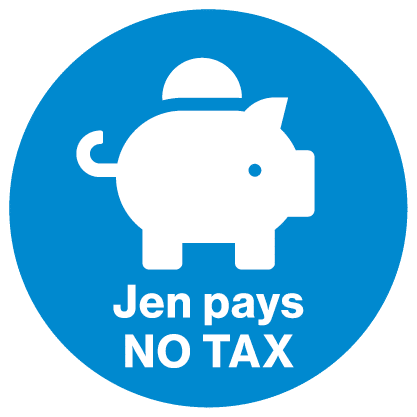 A piggy bank, Jen pays no tax