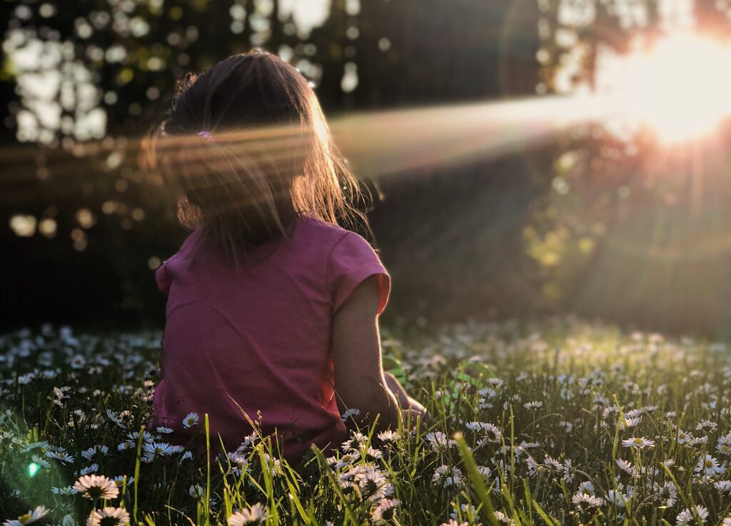 A little girl sitting among flowers in a field, looking toward the sun shining in front of her.
