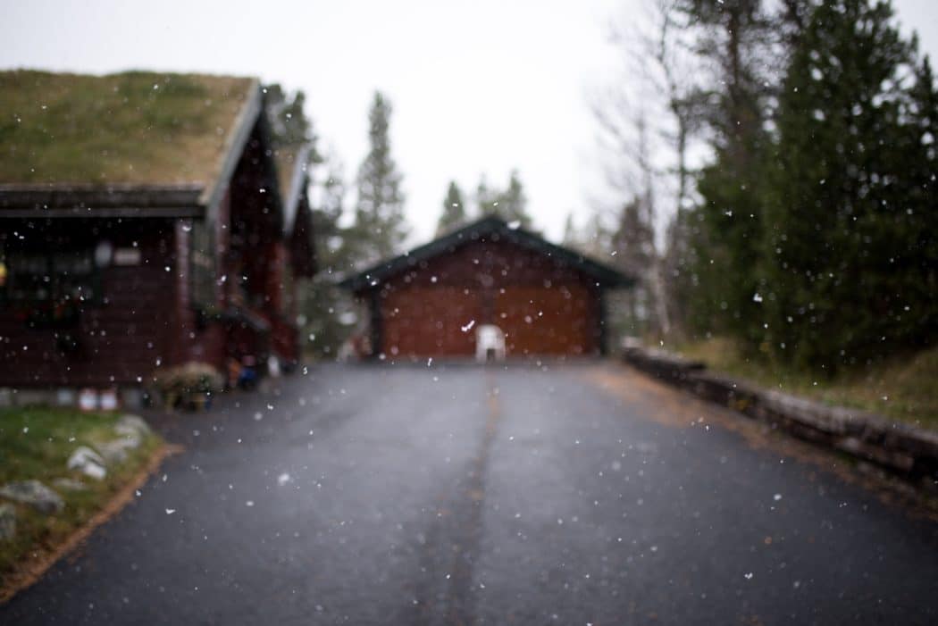 A driveway up to a log cabin with snow lightly falling.