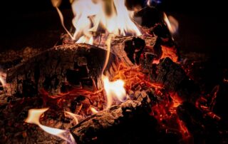 Close up of wooden logs burning in a fire pit.
