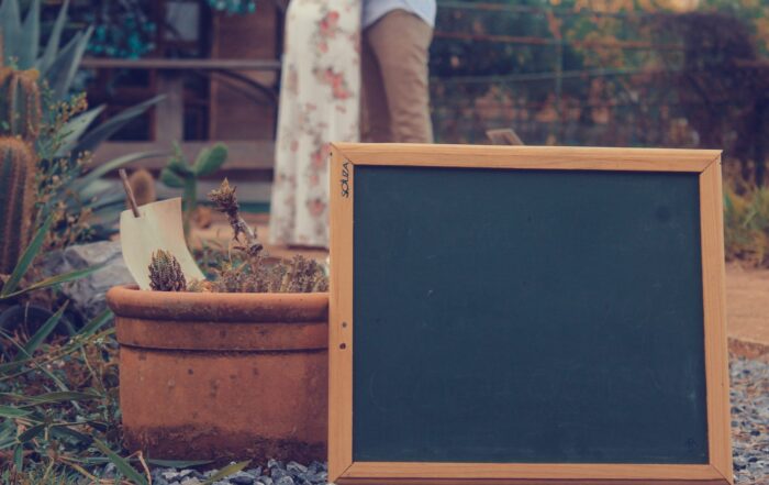 picture of a blank chalkboard in front of a clay pot full of cacti, a man and woman are standing and embracing in the background.