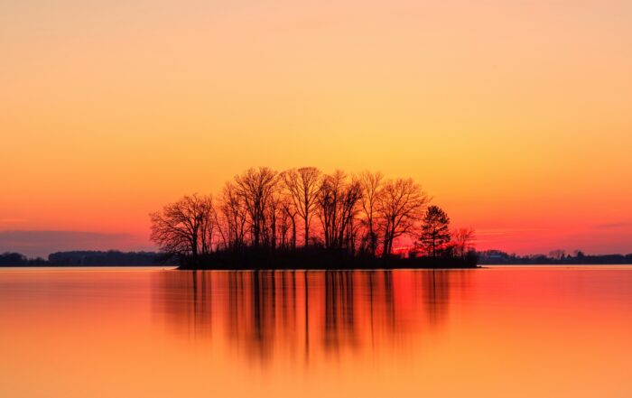 A picture of a body of water with a bright orange sunset sky and silhouetted trees on the other side of the water.