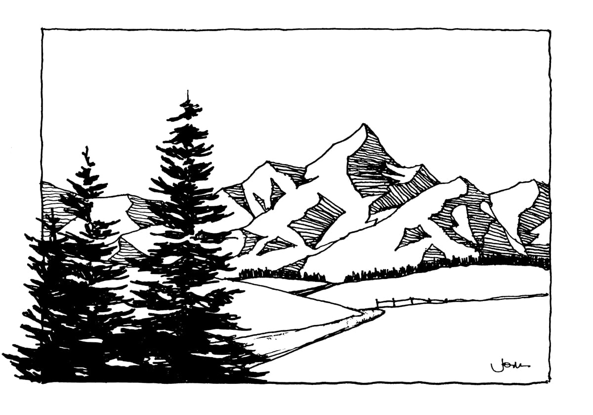 A picture of a line-art design of the Grand Teton mountains and pine trees in the foreground.