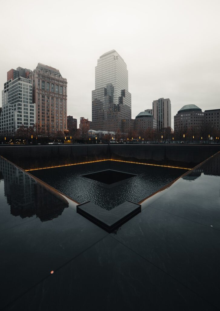 A picture of the September 11th memorial monument in New York city.