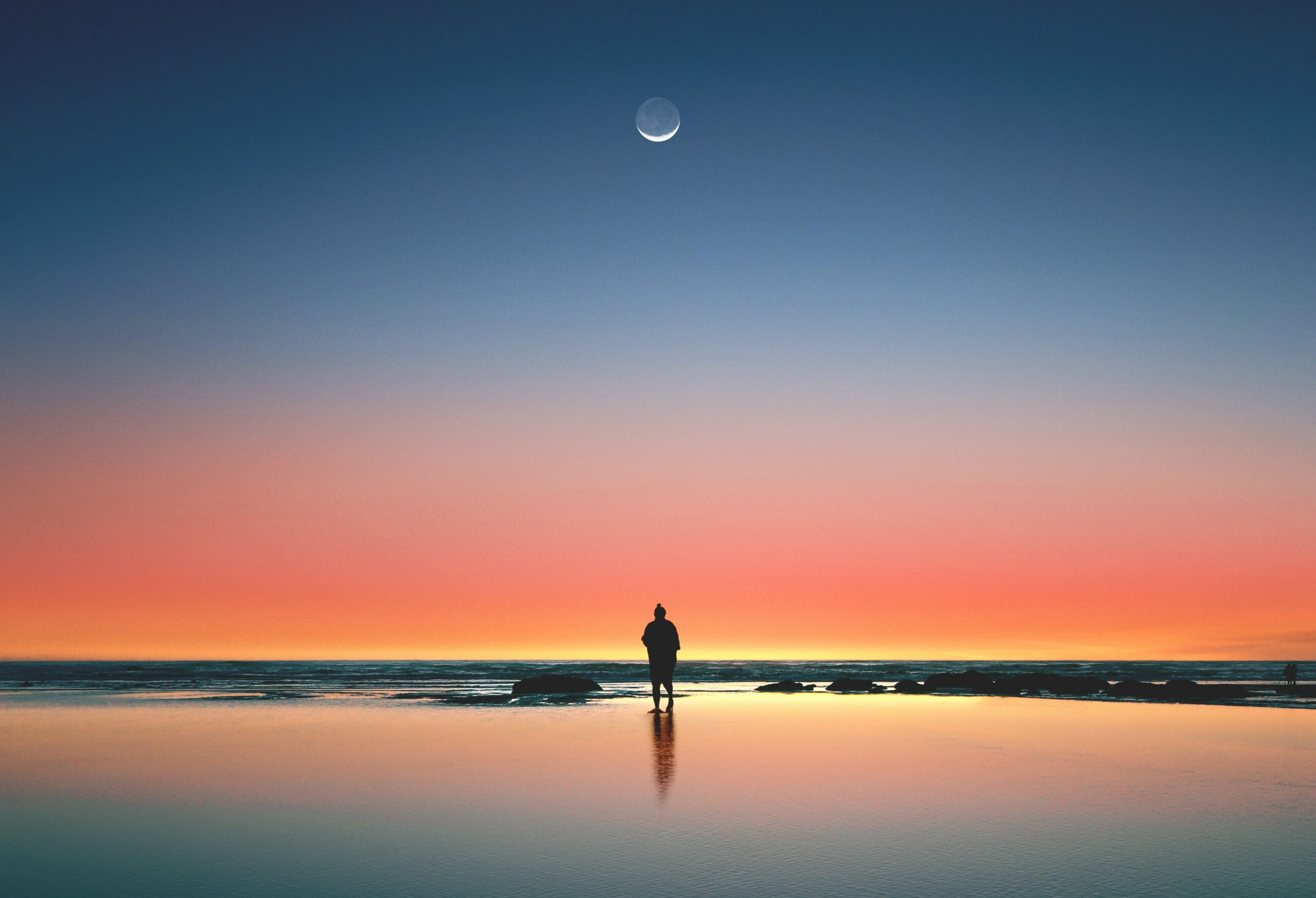 A silhouette of a man standing on a beach as the sun is setting into a deep pink color, the moon in the dark blue sky above.