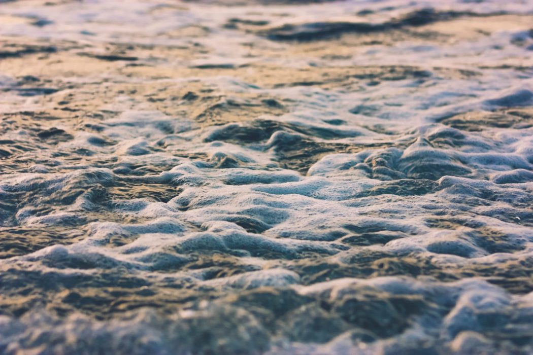 Close up of foamy saltwater with the sunset reflecting off of it.