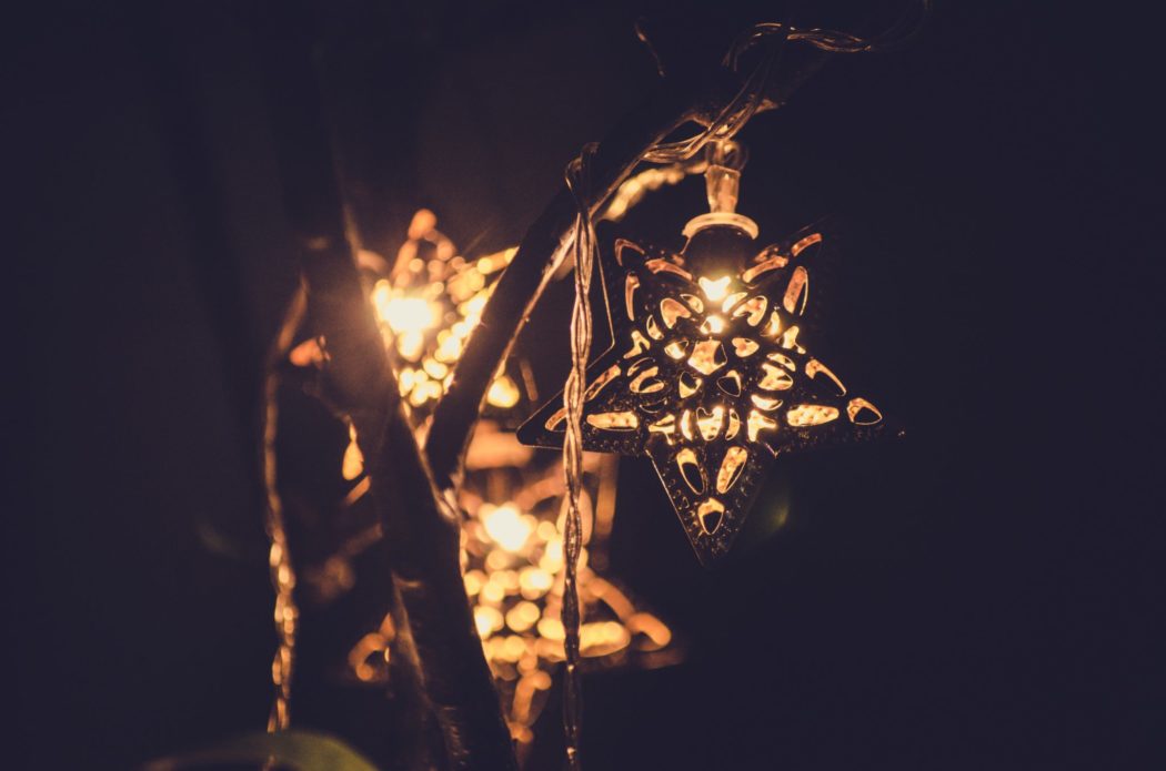 A close up of twinkly lights shaped like stars.