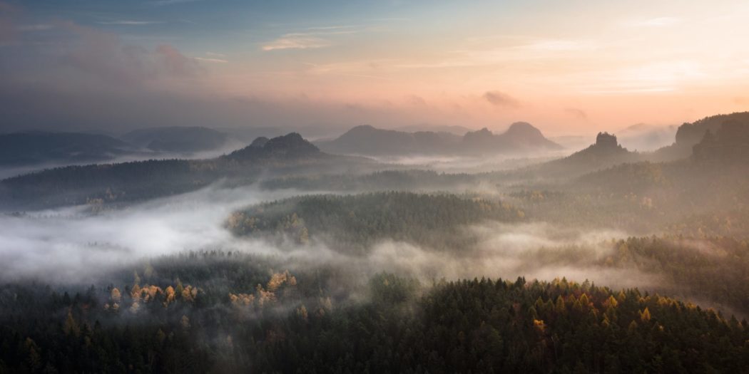 The view from above a valley filled with trees, mist hovering over it and hills ebbing and flowing throughout.