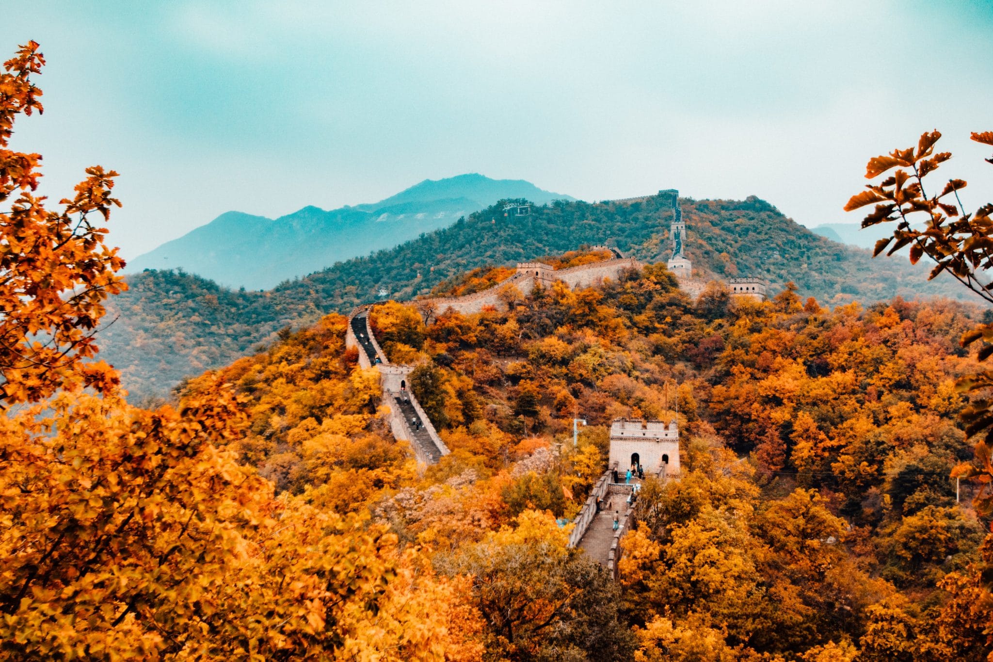 The view from above the great wall of China in Autumn.