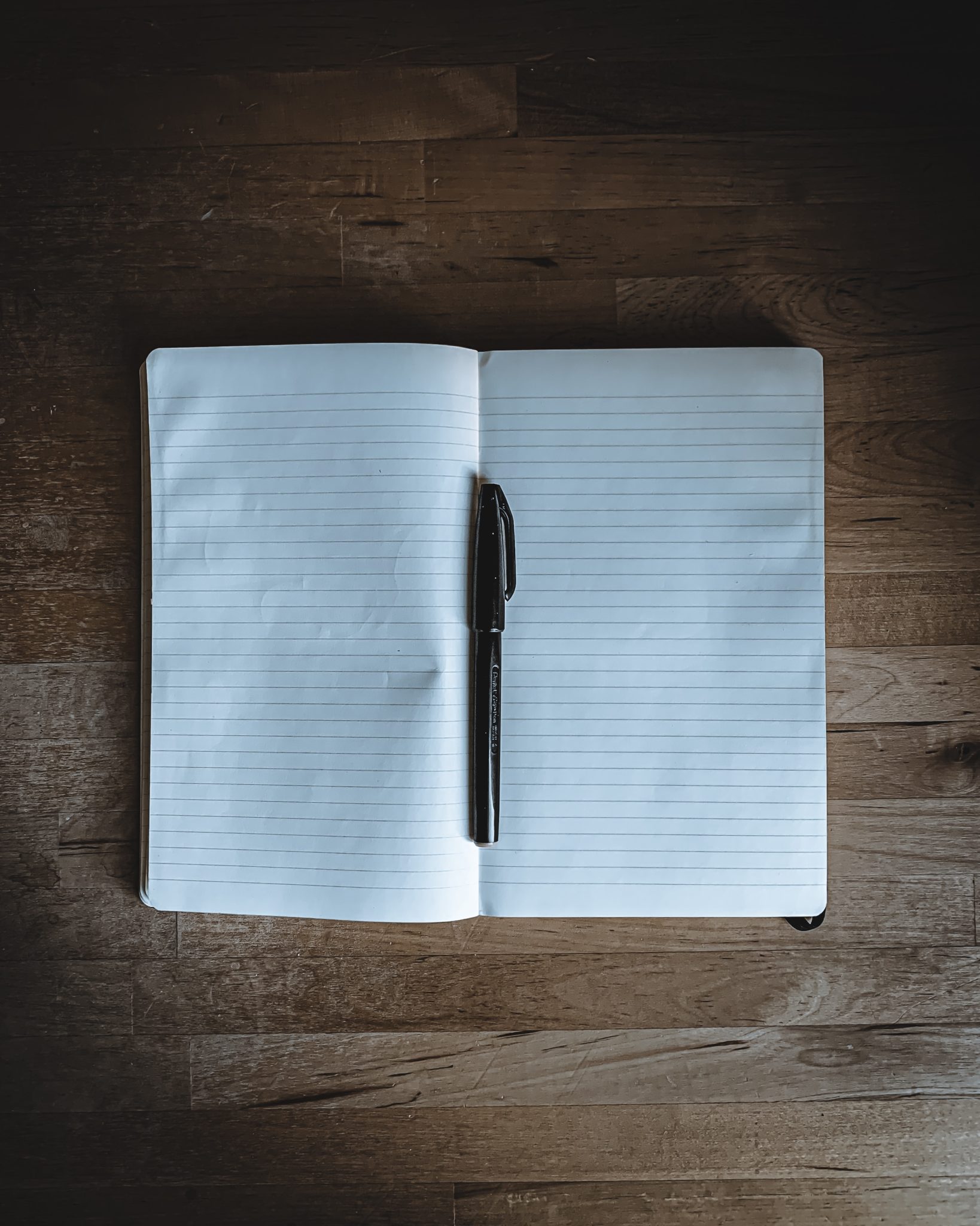 Blank lined notebook with a black pen laying on top of the notebook, lays on top of a wood surface.