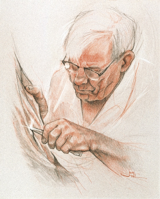 A drawing of an older man carving away at something.