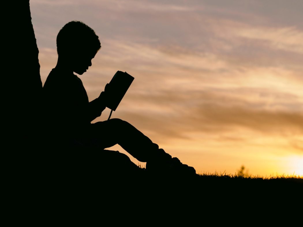 Silhouette of a little boy reading a book while leaning against a tree trunk with a sunset on the horizon.