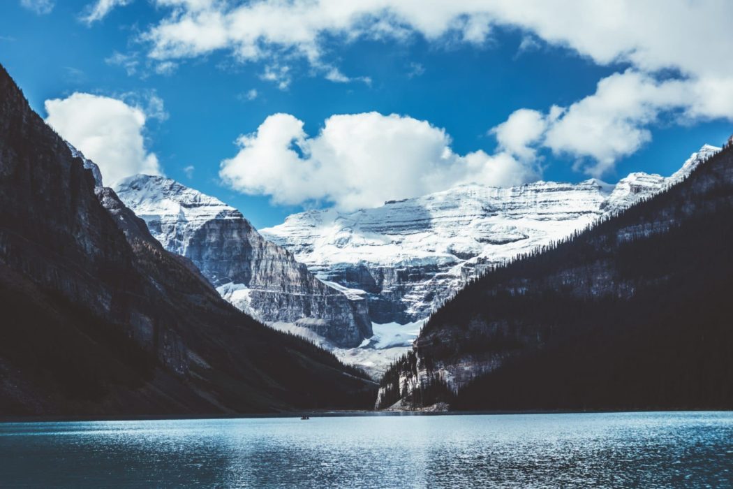 Lake Louise, a turquoise glacial lake surrounded by mountains in Banff National Park, Alberta, Canada.