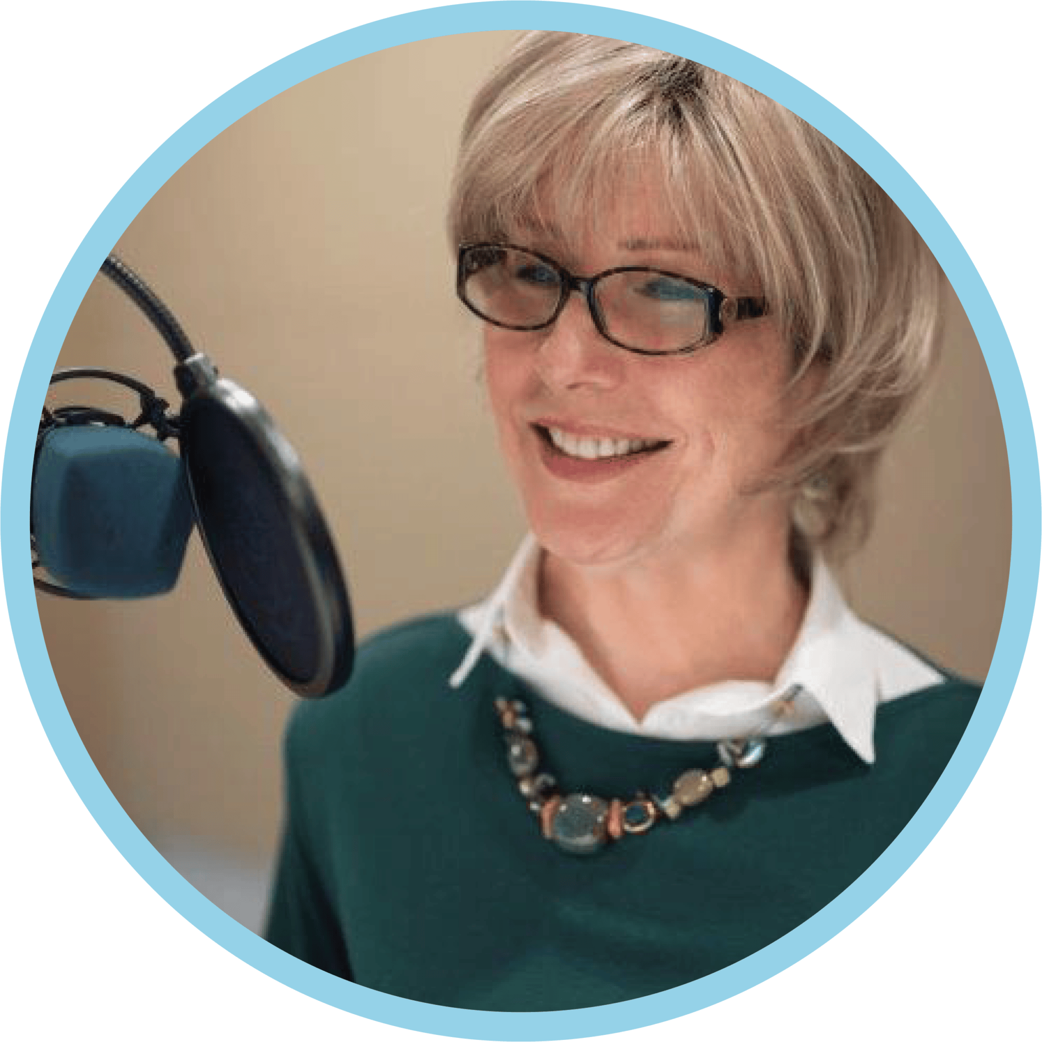 A side view photo of Joni Eareckson Tad in front of a microphone. The image is framed in a circular shape.