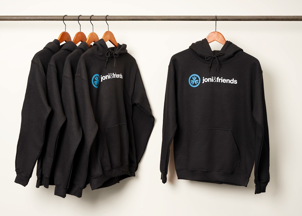 Black pullover sweater with the Joni and Friends logo