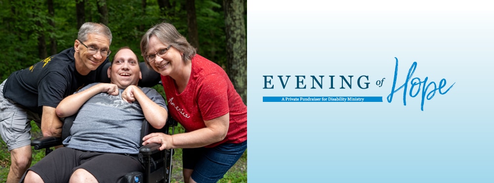 A banner featuring the words "Evening of Hope" with three people smiling and looking towards the camera.