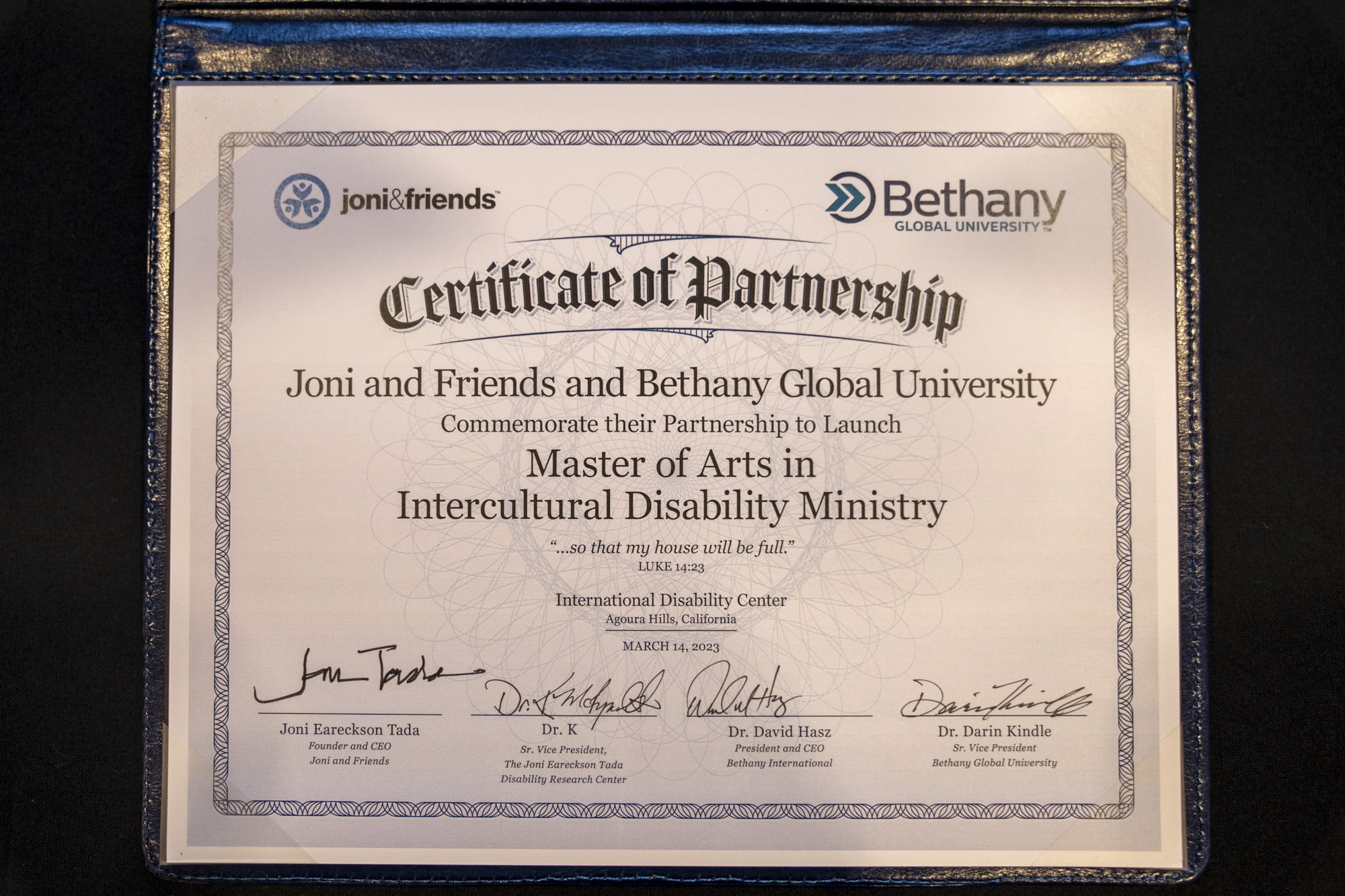 A certificate of partnership with the logo for Joni and Friends on one side and the logo for Bethany on the other side.
