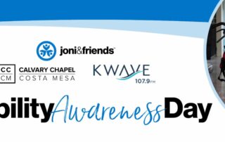 A graphic with the title Disability Awareness Day with the Joni and Friends graphic, Calvary Chapel graphic and the KWAVE graphic above it and a picture of a little girl smiling in her new wheelchair to the right.