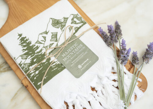 The Majestic Mountain cutting board and tea towel set with lavender flowers