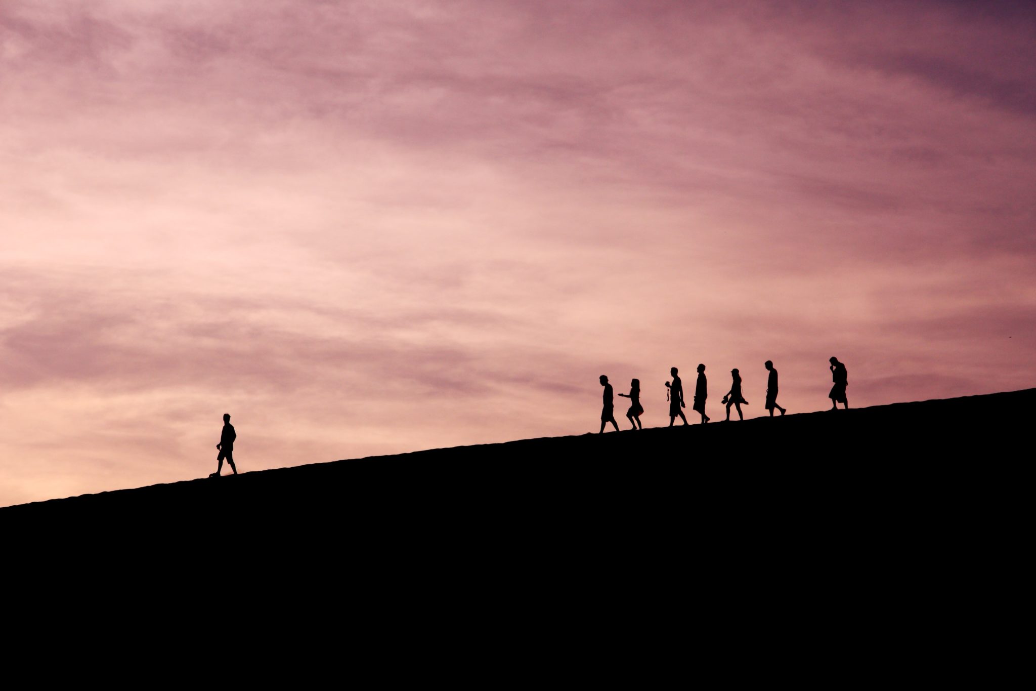 A silhouette of a group of people on a hillside at sunset, the sky a light pink color. A man walks ahead of the rest in the front while seven others trail farther behind him.