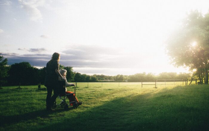 A woman pushing an elderly woman in a wheelchair in a field of lush, green grass, the sun setting behind a tree in front of them.