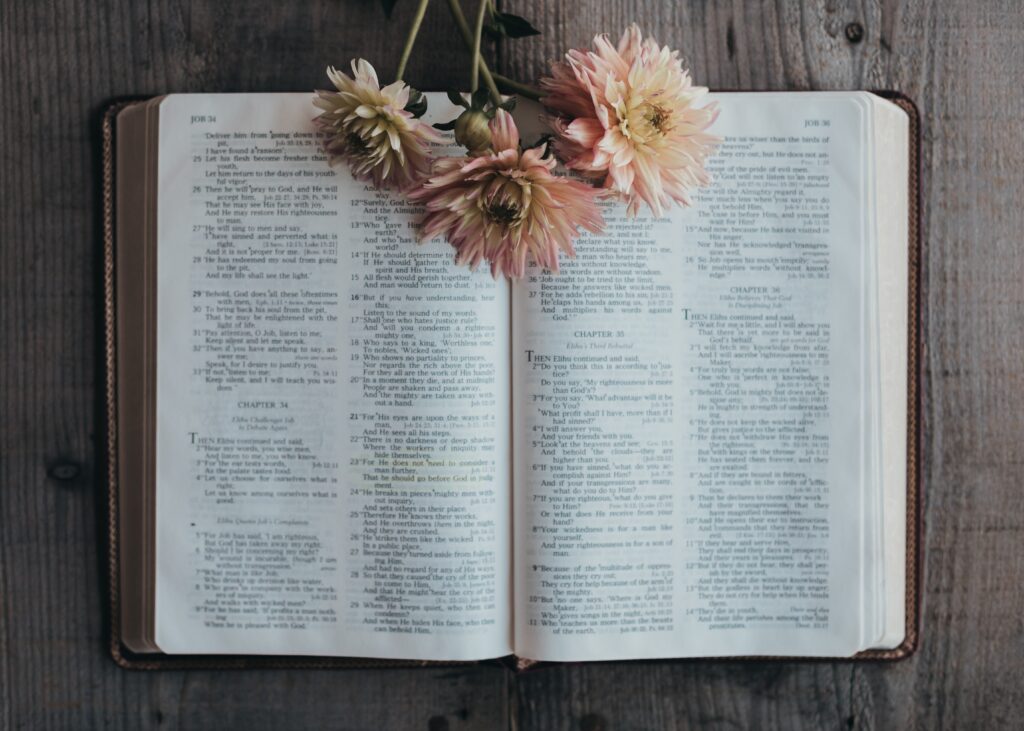 An open bible on a wooden table with dried flowers laid out on top of it.