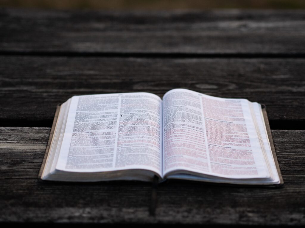 Close up of a Bible on a wooden picnic table.