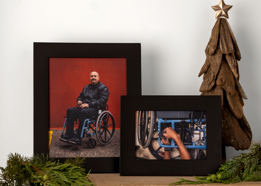 A photo of a man in his blue wheelchair, next to a photo of someone fixing a wheelchair