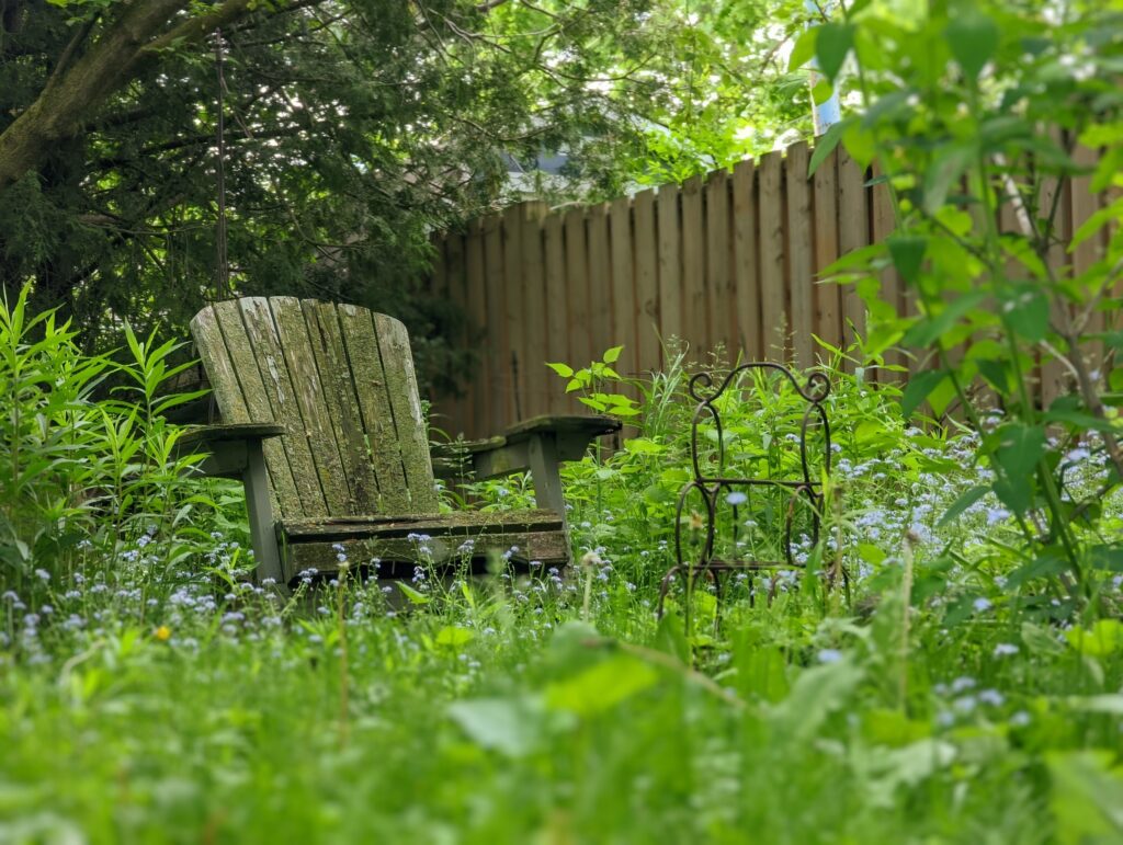 A wooden Adirondack chair sitting in a garden of greenery and flowers.