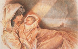 A photo scan of Joni's art-piece titled The Nativity where Mary is holding baby Jesus in her arms, looking down at him, as a beam of light shines down on him from above. In the background, the cloth of Mary's dress becomes the mountains that lead to calvary. On the horizon stands three crosses on what is meant to be the peak of calvary.