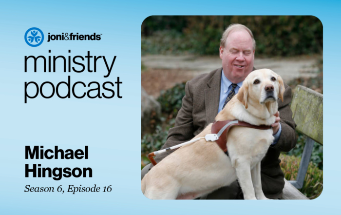 A picture of Michael Hingson sitting on a park bench with his guide dog, Roselle, framed with a Joni and Friends Logo and a text that reads "Ministry Podcast Michael Hingson Season 6, Episode 16."