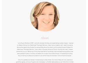 A screenshot of Darby Stickland webpage with her picture in a circular frame and text about her underneath.