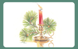 An artwork titled "Christmas Candle" by Joni Eareckson Tada, featuring a lit red candle in a golden lamp, with three Longleaf pines in the background.