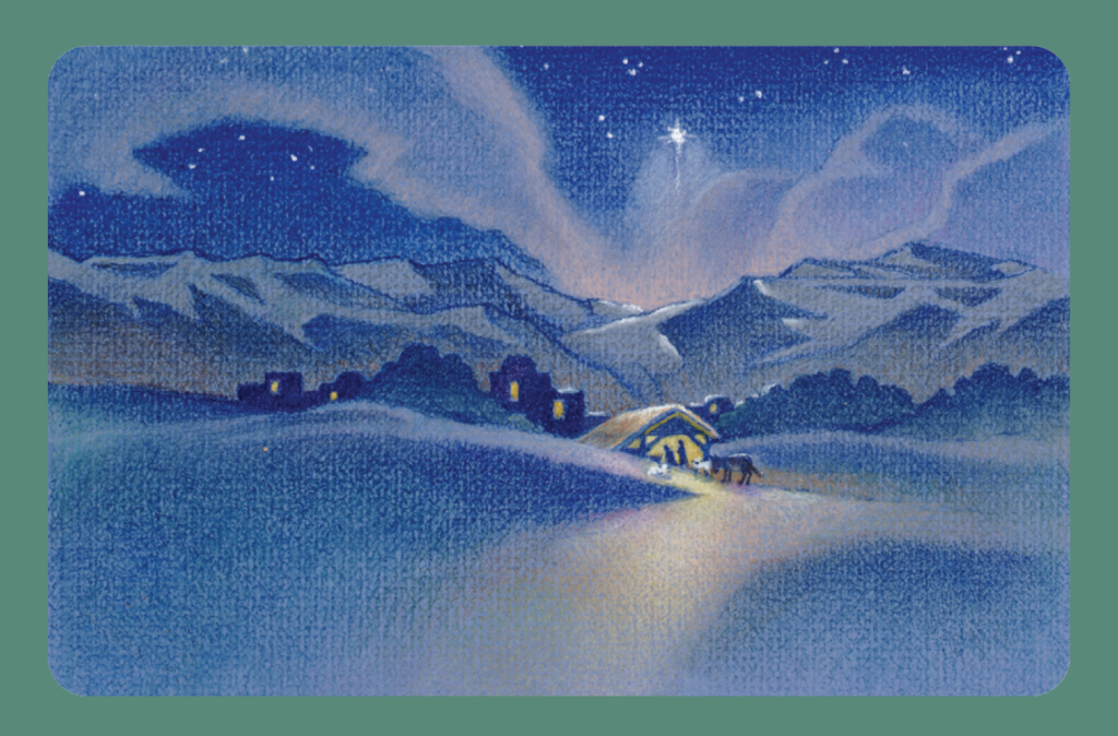 An artwork titled "O Holy Night" by Joni Eareckson Tada, depicting a house with the silhouettes of two people and a manger with animals outside. The scene features mountains in the background and a large star in the sky surrounded by smaller stars.