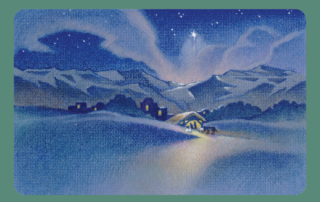 An artwork titled "O Holy Night" by Joni Eareckson Tada, depicting a house with the silhouettes of two people and a manger with animals outside. The scene features mountains in the background and a large star in the sky surrounded by smaller stars.