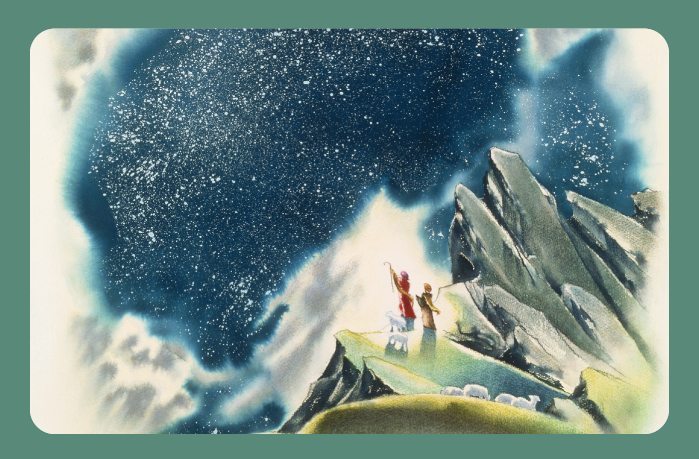 An artwork titled "Bethlehem Star" by Joni Eareckson Tada, depicting two shepherds on a rocky mountaintop. One shepherd holds a staff and points to a star-filled sky, while the other looks up. Two sheep are close to them, while four others are in the distance.