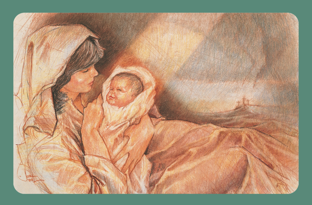 An artwork titled "The Nativity" by Joni Eareckson Tada, depicting a woman carrying a baby, with three small crosses on a mountaintop to the right.