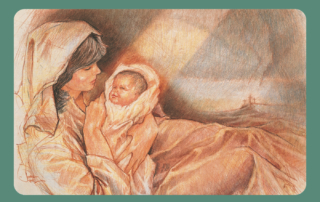 An artwork titled "The Nativity" by Joni Eareckson Tada, depicting a woman carrying a baby, with three small crosses on a mountaintop to the right.