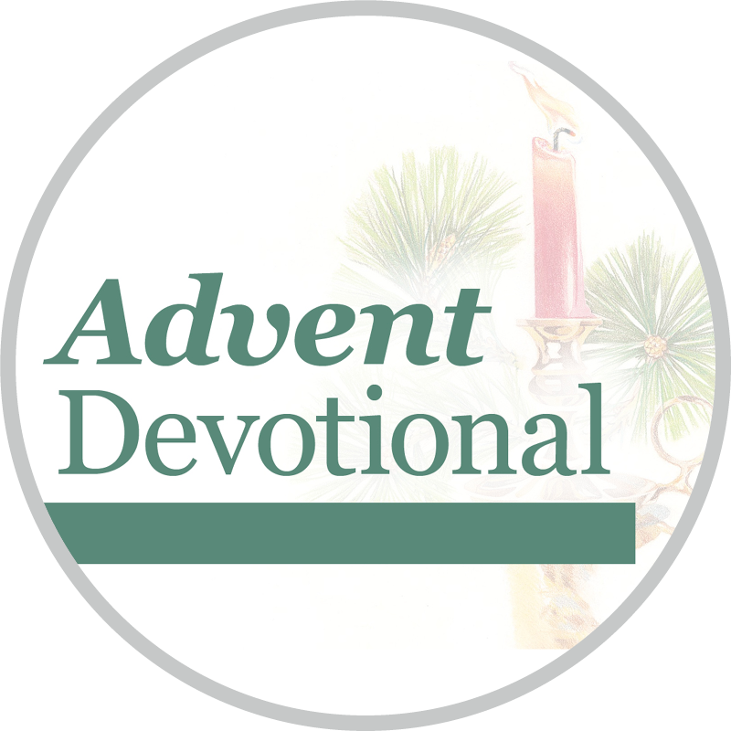 A circular picture with the text "Advent Devotional," featuring Joni's artwork titled "Christmas Candle," which depicts a lit red candle in a golden lamp with three Longleaf pines in the background.