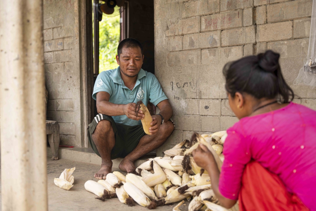 Biraj sitting and peeling corn, with his wife Padma seated in front of him, also peeling corn. The two are working together, engaged in the task in a peaceful and collaborative setting.