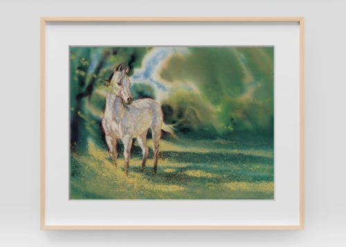 A framed artwork depicting a white horse standing amidst a vibrant, dreamlike green and yellow landscape, with soft, swirling textures.