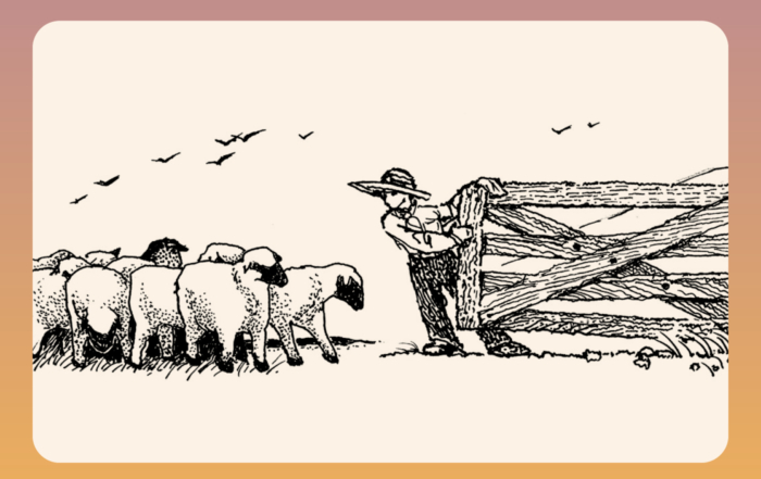 A sketch of a sheep being led by its shepherd, who is opening a wooden door, with birds flying in the sky above.