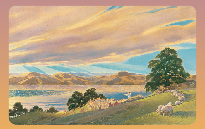 A colored artwork of Jesus preaching to a crowd, with people and sheep moving towards him near a body of water.