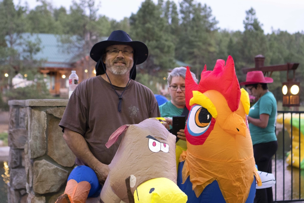 Campers in silly blow up costumes