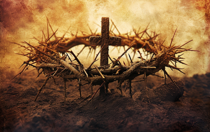 A crown of thorns with a small cross in the center, placed on a dirt surface.