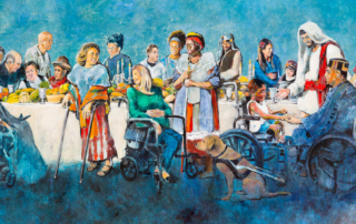Luke 14 Painting where Jesus is in front of a table surrounded by people with disabilities.
