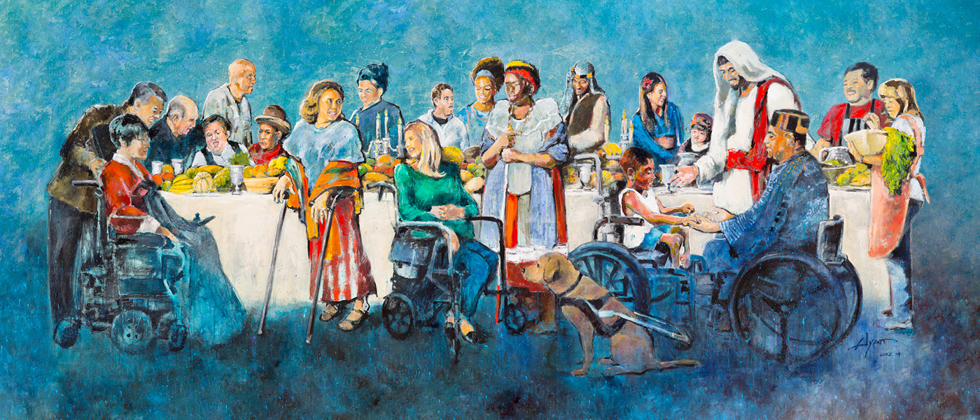 Luke 14 Painting where Jesus is in front of a table surrounded by people with disabilities.